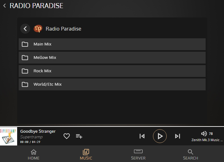 If your RADIO Paradise options are not showing, make sure your DAC is properly connected and powered ON.